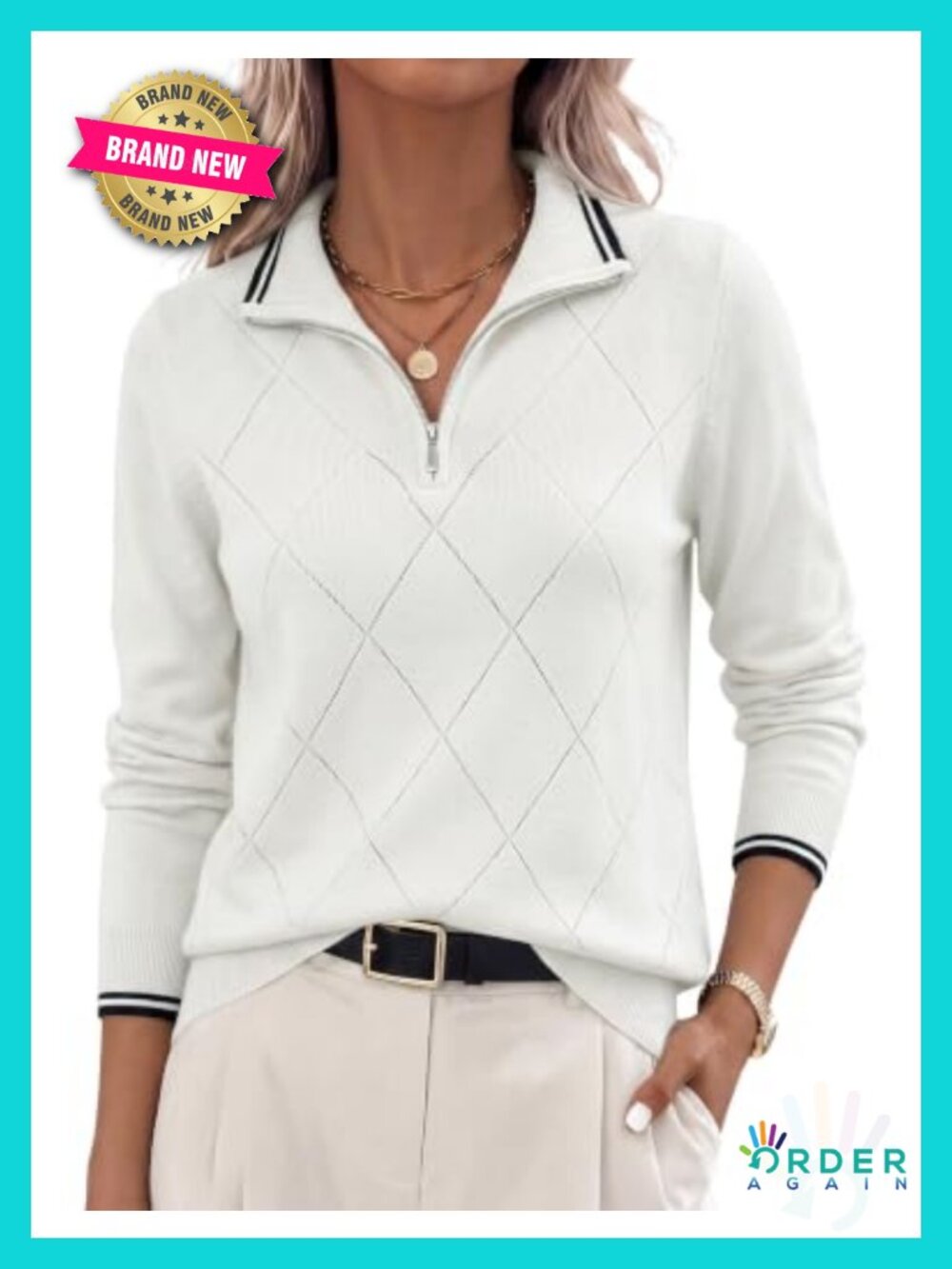 Ribbed Knit Half Zip Pullover Sweater Foldover Collar Argyle Womens
